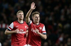 Arsenal's Ramsey celebrates after scoring a goal against Liverpool during their English Premier League soccer match at the Emirates stadium in London